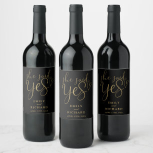 She Said Yes Engagement Party Black And Gold Wine Label