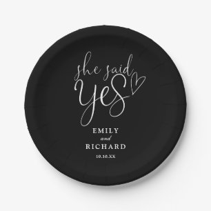 She Said Yes Engagement Party Black And White Paper Plate