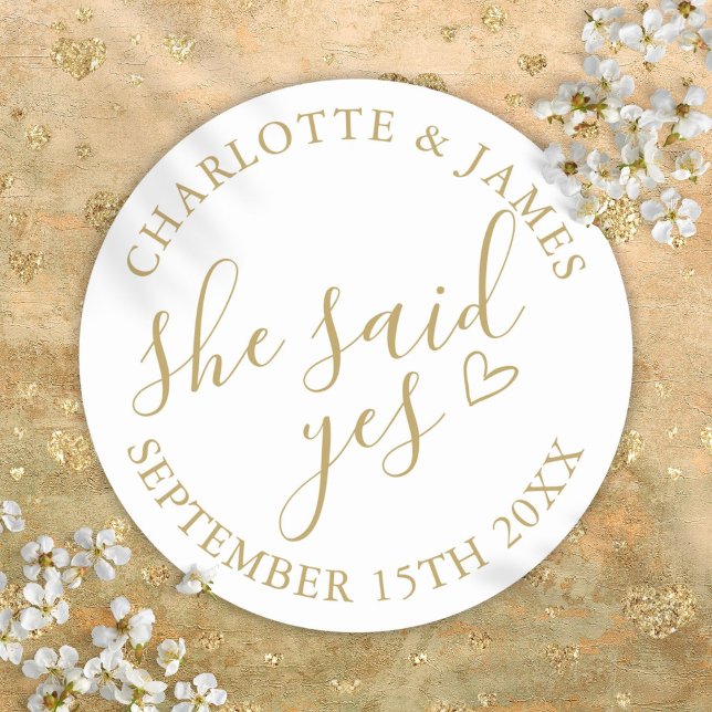 She Said Yes Engagement Party Chic Gold Classic Round Sticker (She Said Yes Engagement Party Chic Gold Classic Round Sticker)