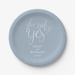 She Said Yes Engagement Party Dusty Blue Paper Plate