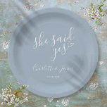 She Said Yes Engagement Party Dusty Blue Paper Plate<br><div class="desc">These stylish dusty blue "she said yes" engagement party plates can be personalised with your engagement party details. Designed by Thisisnotme©</div>