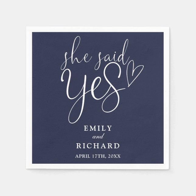 She Said Yes Engagement Party Elegant Navy Blue Napkin (Front)