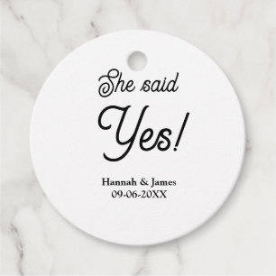 She said yes engagement party name date simple min favour tags