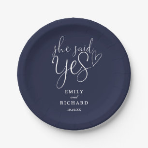She Said Yes Engagement Party Navy Blue Paper Plate