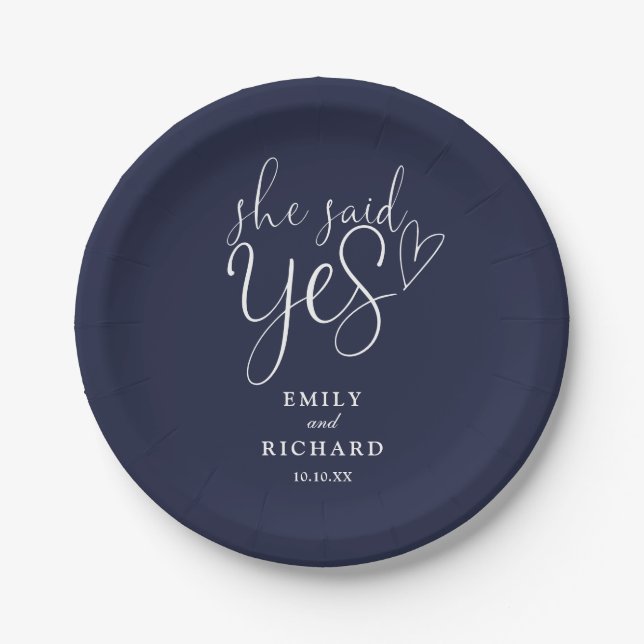 She Said Yes Engagement Party Navy Blue Paper Plate (Front)
