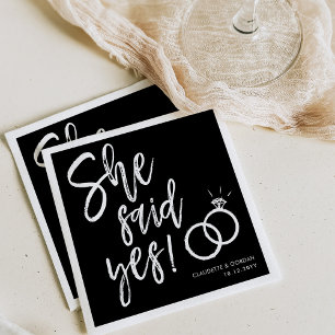She Said Yes!   Engagement Party Script Black Napkin