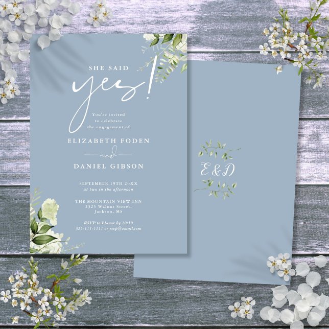 She Said Yes Floral Dusty Blue Engagement Party Invitation (She Said Yes Floral Dusty Blue Engagement Party Invitation)