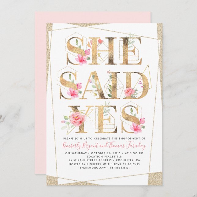 She Said Yes Floral Romantic Engagement Party Invitation (Front/Back)
