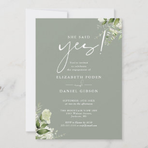 She Said Yes Floral Sage Green Engagement Party Invitation