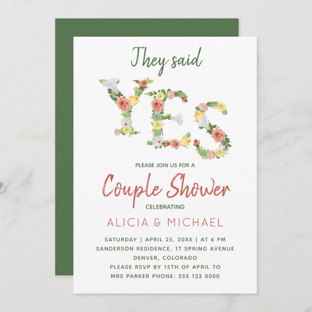 She said YES floral typography engagement party Invitation (Front/Back)