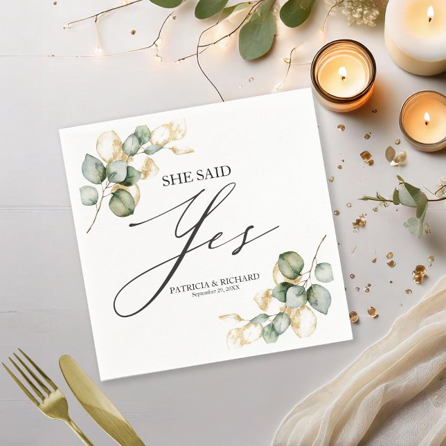 She Said Yes Gold Greenery Engagement  Napkin (Creator Uploaded)