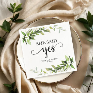 She Said Yes Gold Greenery Engagement Napkin