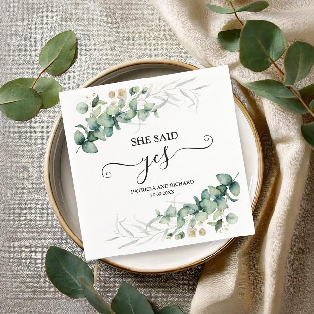 She Said Yes Gold Greenery Engagement  Napkin (Creator Uploaded)