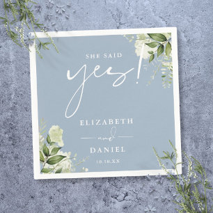 She Said Yes Greenery Dusty Blue Engagement Party Napkin