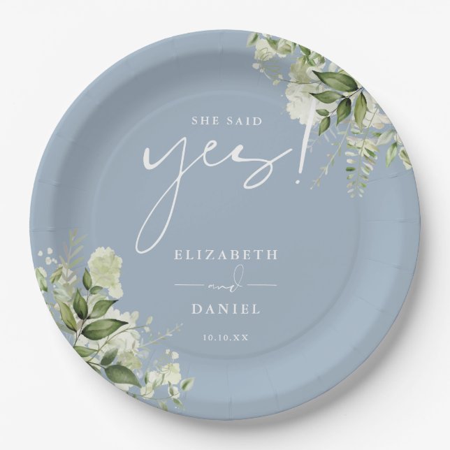 She Said Yes Greenery Dusty Blue Engagement Party Paper Plate (Front)