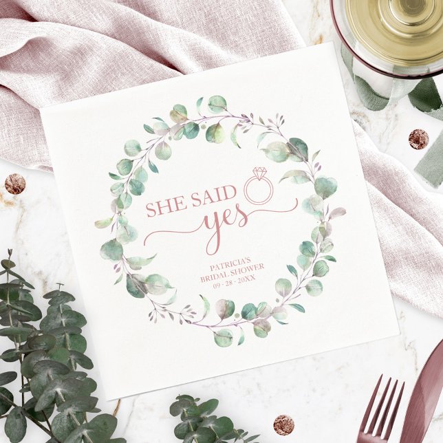She Said Yes Greenery Eucalyptus Bridal Shower Napkin (Creator Uploaded)