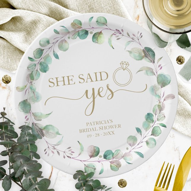 She Said Yes Greenery Eucalyptus Bridal Shower Pap Paper Plate (Creator Uploaded)