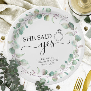 She Said Yes Greenery Eucalyptus Bridal Shower Paper Plate
