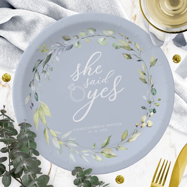 She Said Yes Greenery Eucalyptus Bridal Shower Paper Plate (Creator Uploaded)
