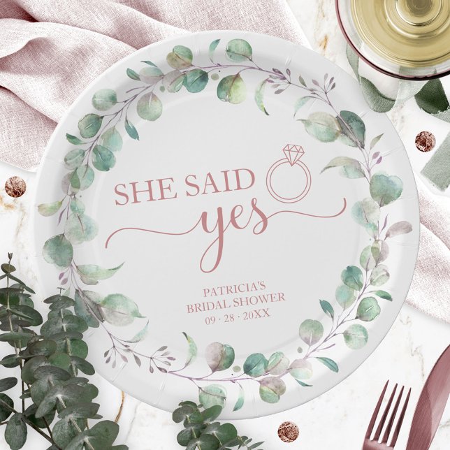 She Said Yes Greenery Eucalyptus Bridal Shower Paper Plate (Creator Uploaded)