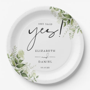 She Said Yes Greenery Floral Engagement Party Paper Plate