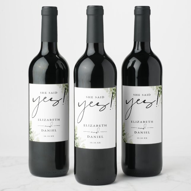 She Said Yes Greenery Floral Engagement Party Wine Label (Bottles)