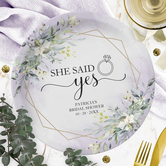 She Said Yes Greenery Geometric Bridal Paper Plate (Creator Uploaded)