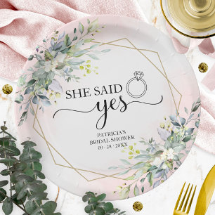 She Said Yes Greenery Geometric Bridal  Paper Plate