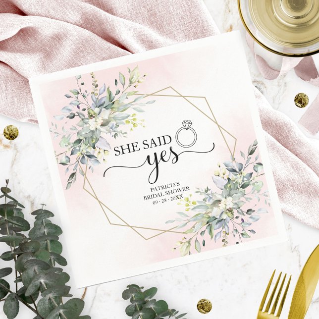 She Said Yes Greenery Geometric Bridal Shower Napk Napkin (Creator Uploaded)