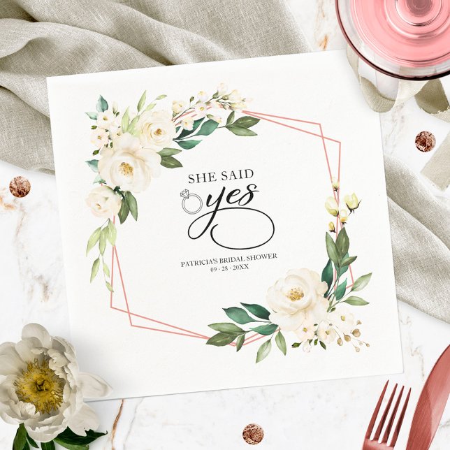 She Said Yes Greenery Geometric Bridal Shower Napkin (Creator Uploaded)