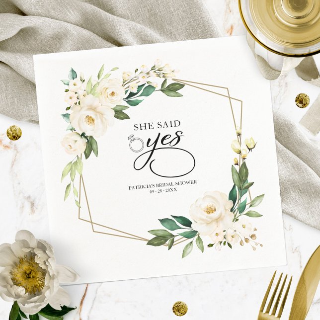 She Said Yes Greenery Geometric Bridal Shower Napkin (Creator Uploaded)