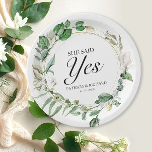 She Said Yes Greenery Geometric Engagement  Paper Plate