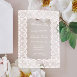 She Said Yes Ivory Lace Elegant Bridal Shower Acrylic Invitations