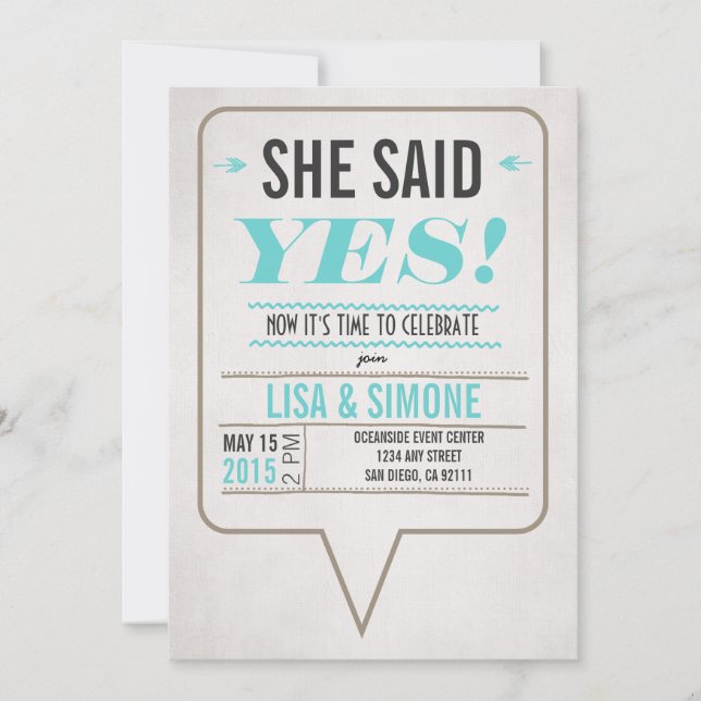 She Said Yes Lesbian Wedding Invitation (Front)