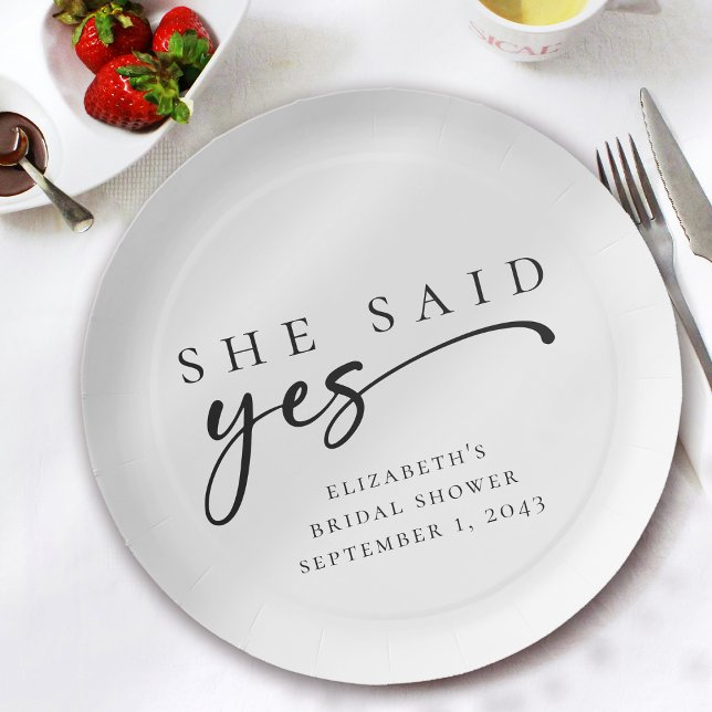 She Said Yes Minimalist Script Bridal Shower Paper Plate (Creator Uploaded)