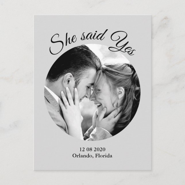 She said Yes Modern Photo Save the Date - grey Announcement Postcard (Front)