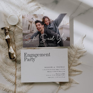she said yes modern script photo engagement invitation