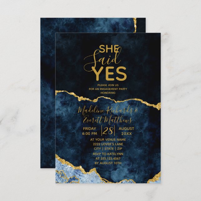 She Said Yes Navy Blue Engagement Party Invitation (Front/Back)