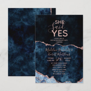 She Said Yes Navy Blue Engagement Party Invitation