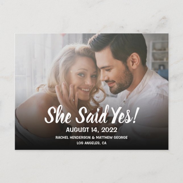 She Said Yes Photo Modern Wedding Announcement Postcard (Front)