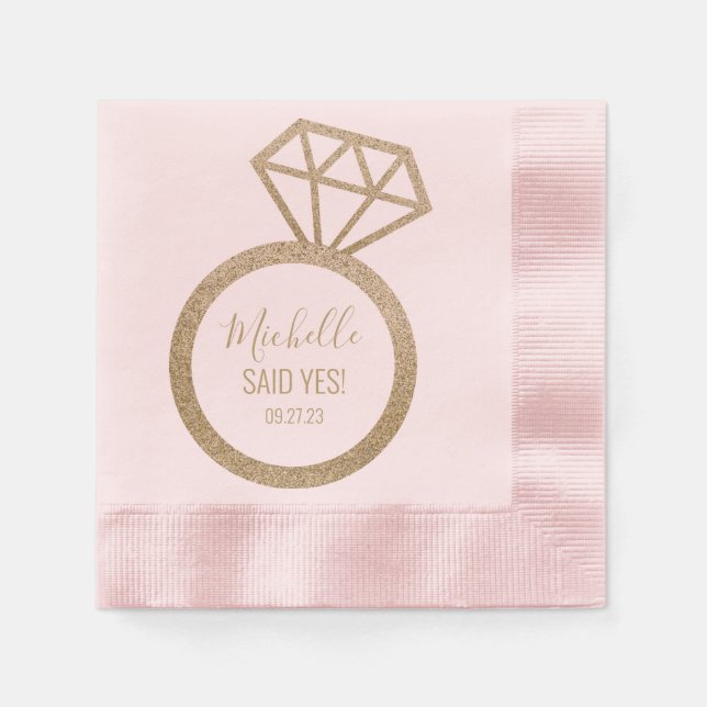 She said yes! Pink/Gold Glitter Ring Bridal Shower Napkin (Front)