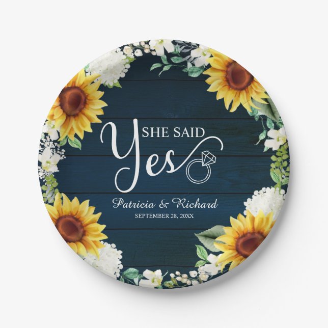 She Said Yes Rustic Sunflowers Engagement Party  Paper Plate (Front)