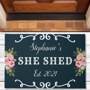She Shed Floral Year Established Cute Navy Blue Doormat