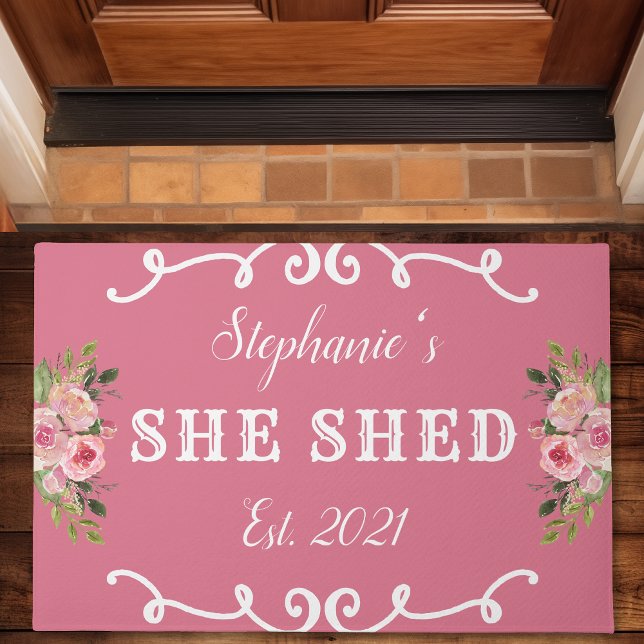 She Shed Floral Year Established Cute Pink Doormat (Creator Uploaded)