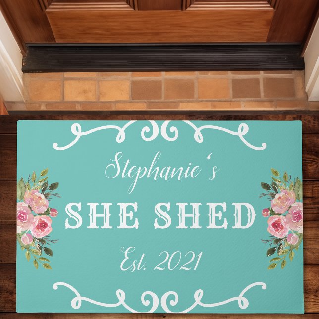 She Shed Floral Year Established Cute Teal Doormat (Creator Uploaded)
