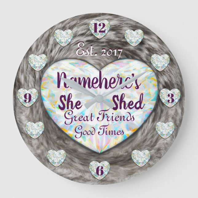 She Shed with Diamonds and Fur Clock! Large Clock (Front)