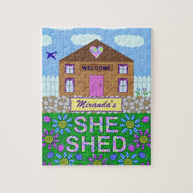 She Shed Woman Cave Garden Haven Personalised Name Jigsaw Puzzle (Vertical)