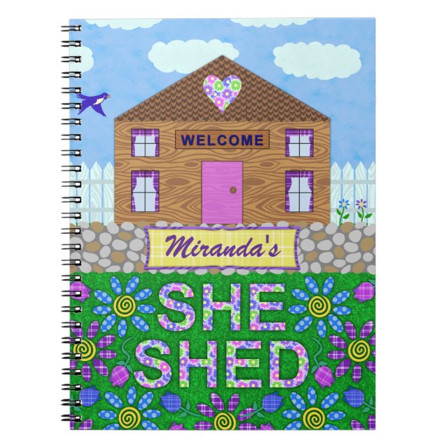 She Shed Woman Cave Garden Hut Personalised Name Spiral Notebook (Front)
