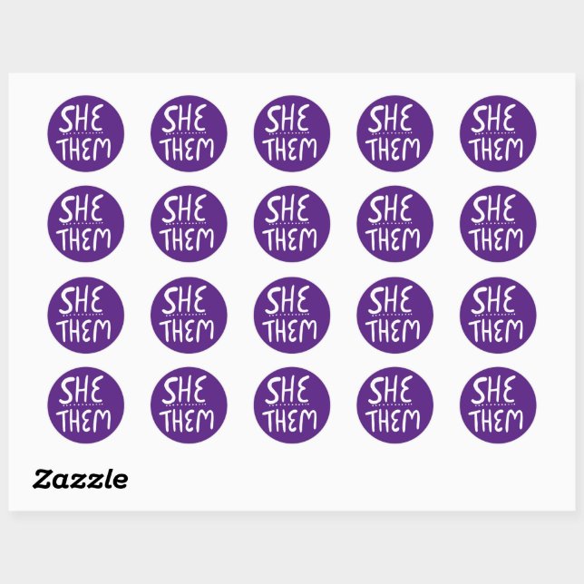 SHE / THEM Pronouns Purple Handlettering Set of Classic Round Sticker (Sheet)