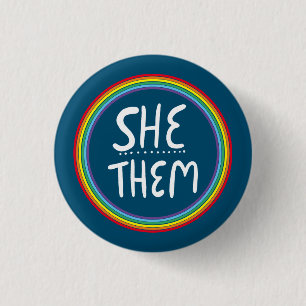 SHE/THEM Pronouns Rainbow Handlettered Minimal  Bu 3 Cm Round Badge